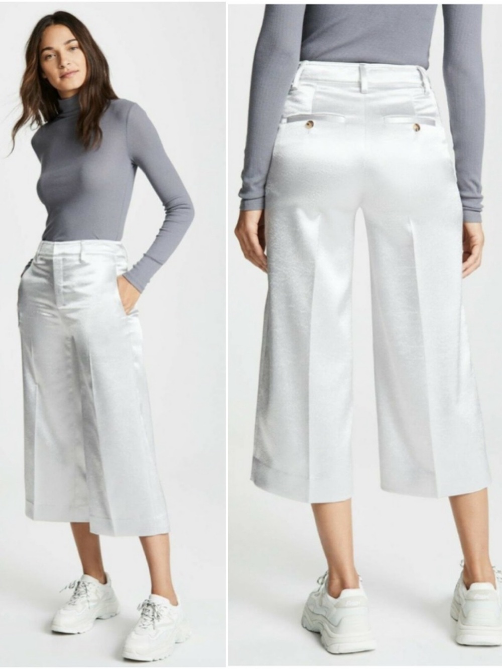 Vince Crop Metallic Silver Satin Wide Leg Pants Size 4